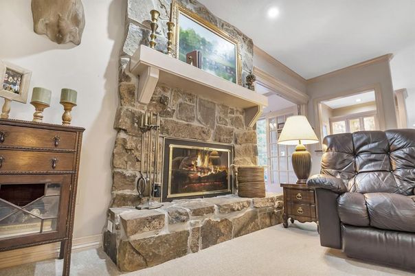 Fireplace, Interior, Recessed Lighting, Stone Walls