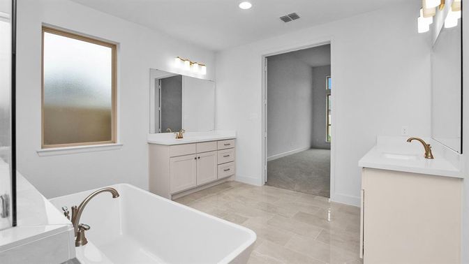 Bathroom, Dual Sink Vanities, Free Standing Baths, Interior, Recessed Lighting