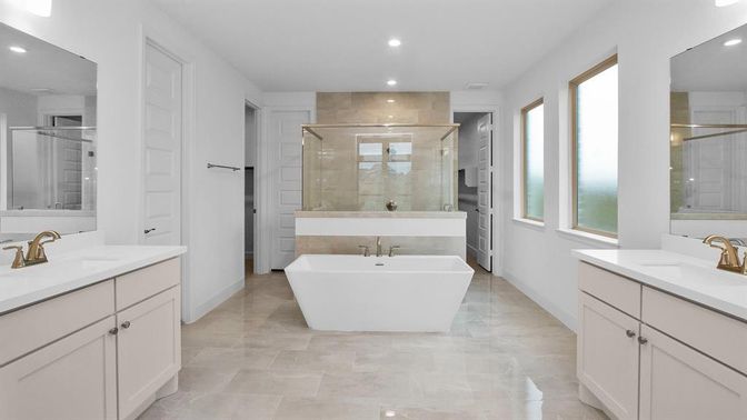 Bathroom, Dual Sink Vanities, Free Standing Baths, Glass Shower, Interior, Recessed Lighting