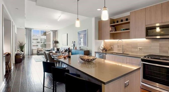 Interior, Kitchen, Pendant Lights, Recessed Lighting, Stainless Steel Appliances, Wood Texture Flooring