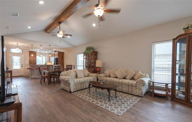 Dining room, Interior, Kitchen, Living room, Pendant Lights, Recessed Lighting, Wooden Beams, Wood Texture Flooring