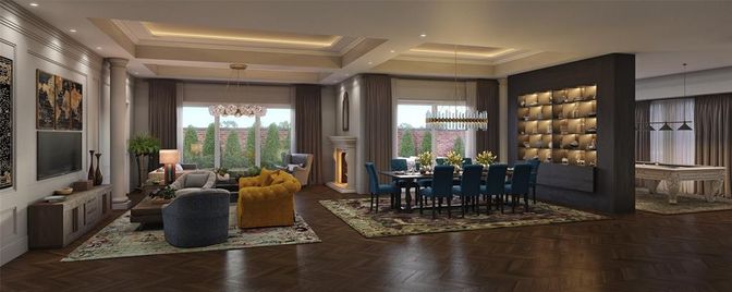 Chandelier, Dining room, Fireplace, Interior, Living room, Pendant Lights, Recessed Lighting, Wood Texture Flooring