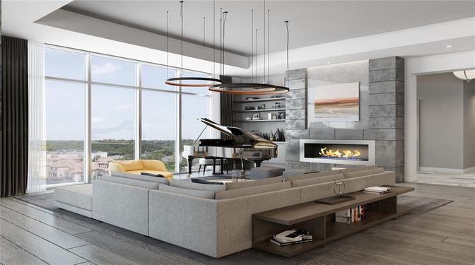 Fireplace, Interior, Living room, Pendant Lights, Piano, Recessed Lighting, Stone Walls, Wood Texture Flooring