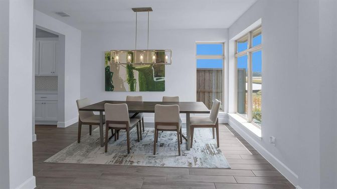 Dining room, Interior, Pendant Lights, Wood Texture Flooring