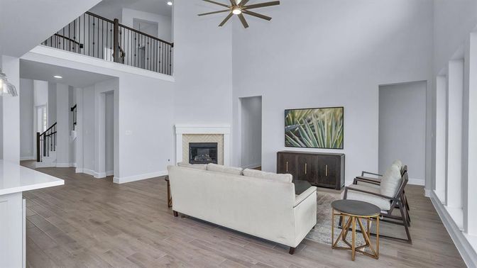 Fireplace, Interior, Living room, Pendant Lights, Recessed Lighting, Wood Texture Flooring