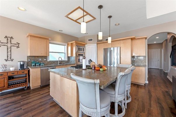 Interior, Kitchen, Pendant Lights, Recessed Lighting, Stainless Steel Appliances, Wood Texture Flooring