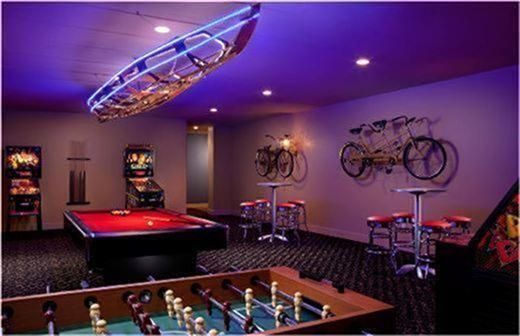 Billiard Table, Chandelier, Game Room, Interior, Recessed Lighting