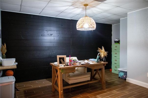 Home Office, Interior, Pendant Lights, Wood Texture Flooring, Wooden Walls