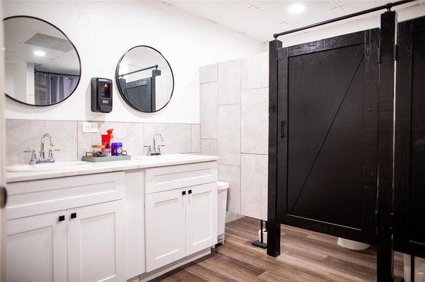 Bathroom, Dual Sink Vanities, Interior, Recessed Lighting, Wood Texture Flooring
