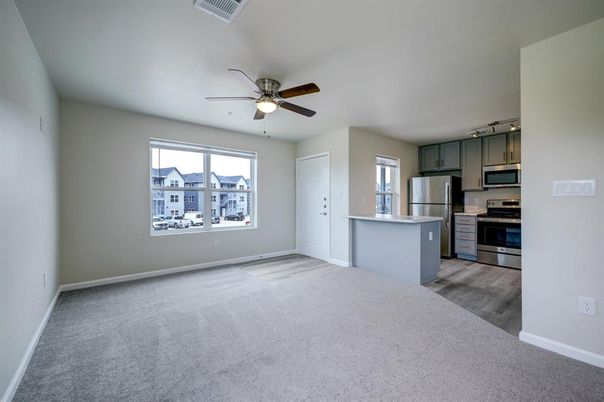 Empty room, Interior, Kitchen, Stainless Steel Appliances, Wood Texture Flooring