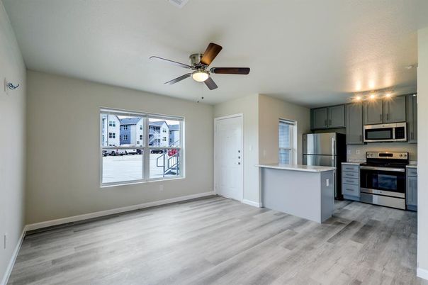 Empty room, Interior, Kitchen, Stainless Steel Appliances, Wood Texture Flooring