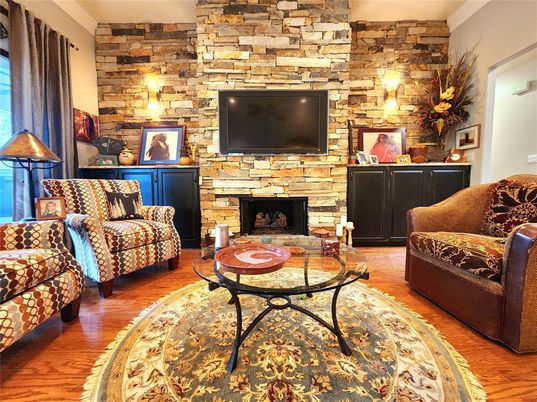 Fireplace, Interior, Living room, Stone Walls, Wood Texture Flooring
