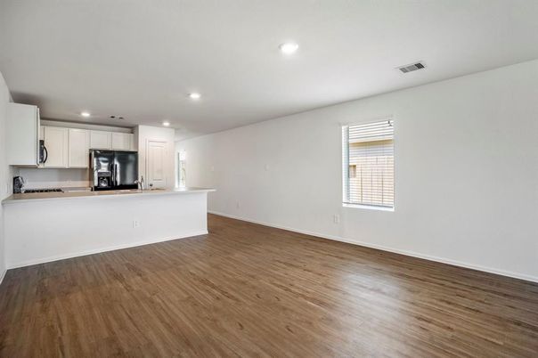 Empty room, Interior, Kitchen, Recessed Lighting, Wood Texture Flooring