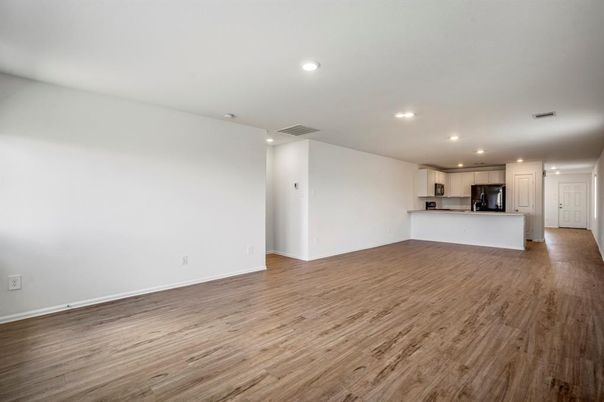 Empty room, Interior, Kitchen, Recessed Lighting, Wood Texture Flooring