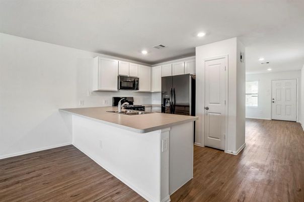 Interior, Kitchen, Recessed Lighting, Stainless Steel Appliances, Wood Texture Flooring