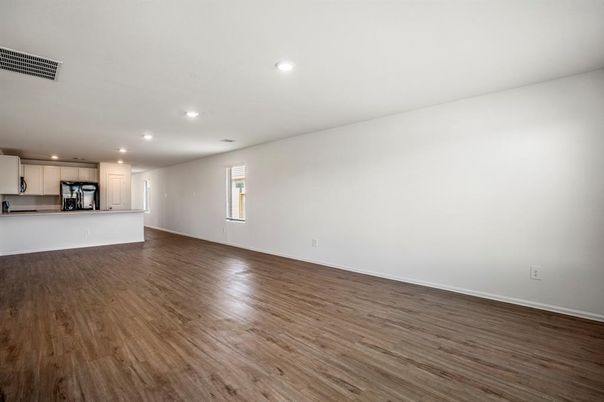 Empty room, Interior, Kitchen, Recessed Lighting, Wood Texture Flooring