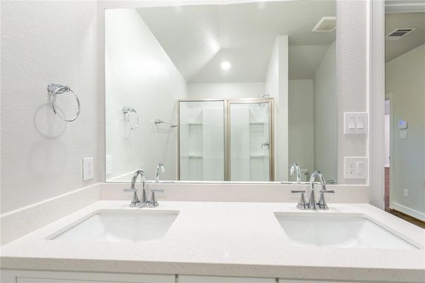 Bathroom, Dual Sink Vanities, Glass Shower, Interior, Recessed Lighting