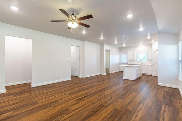 Empty room, Interior, Kitchen, Recessed Lighting, Wood Texture Flooring