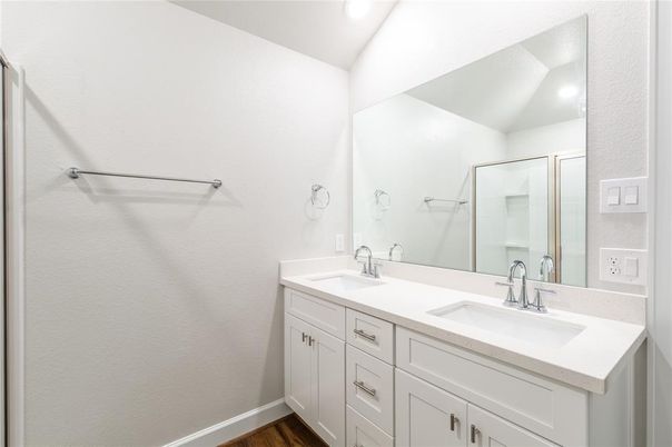 Bathroom, Dual Sink Vanities, Interior, Recessed Lighting, Wood Texture Flooring