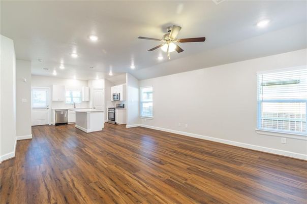Empty room, Interior, Kitchen, Recessed Lighting, Wood Texture Flooring