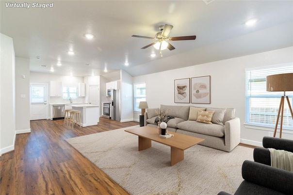 Interior, Kitchen, Living room, Recessed Lighting, Wood Texture Flooring