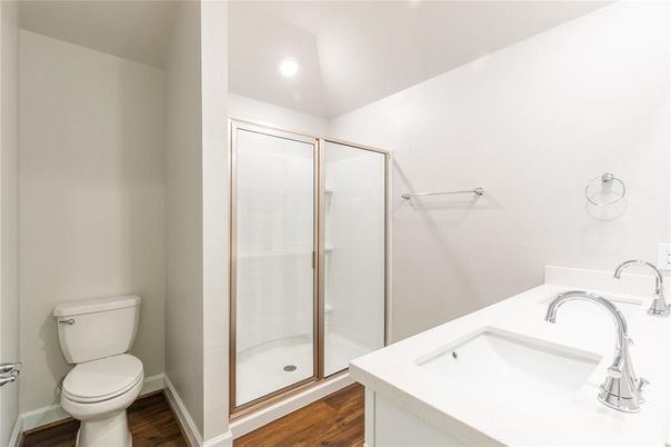 Bathroom, Glass Shower, Interior, Recessed Lighting, Wood Texture Flooring