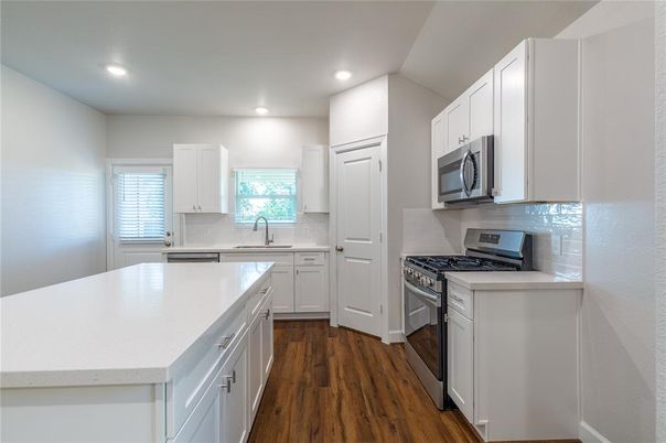 Interior, Kitchen, Recessed Lighting, Stainless Steel Appliances, Wood Texture Flooring