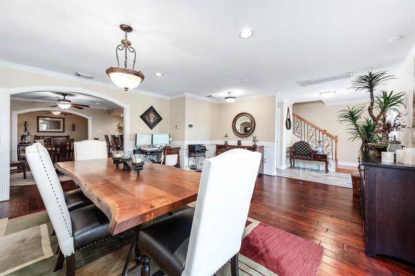 Dining room, Interior, Pendant Lights, Recessed Lighting, Wood Texture Flooring