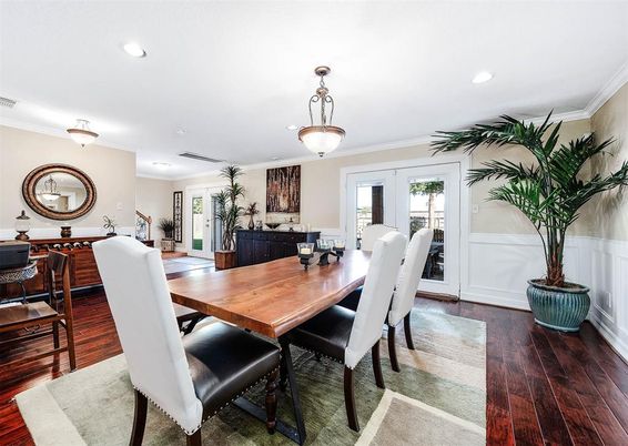 Dining room, Interior, Pendant Lights, Recessed Lighting, Wood Texture Flooring