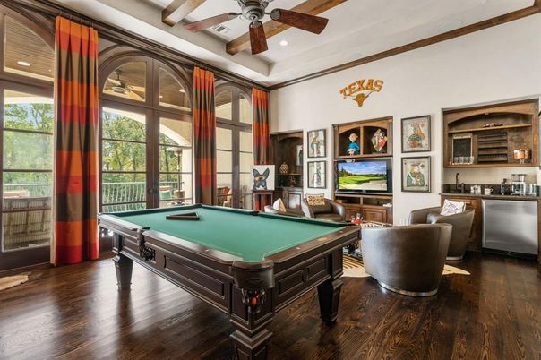 Billiard Table, Game Room, Interior, Recessed Lighting, Wood Texture Flooring