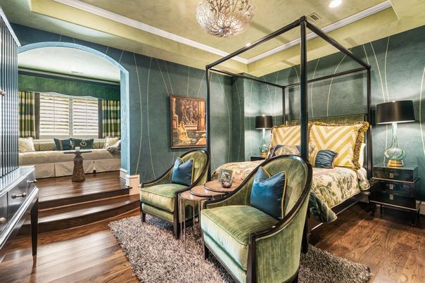Bedroom, Chandelier, Interior, Recessed Lighting, Wood Texture Flooring