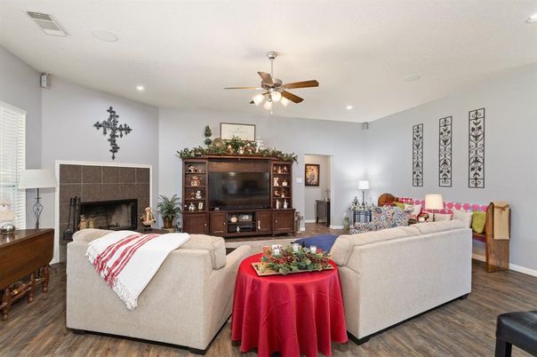 Fireplace, Interior, Living room, Recessed Lighting, Wood Texture Flooring
