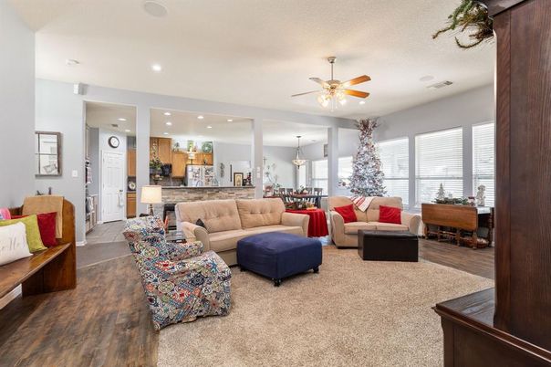 Dining room, Interior, Kitchen, Living room, Pendant Lights, Recessed Lighting, Wood Texture Flooring