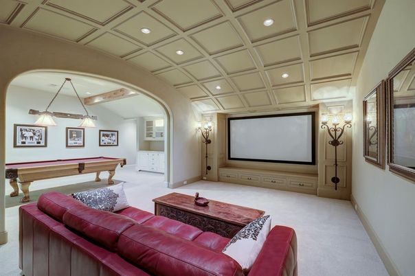 Billiard Table, Game Room, Interior, Pendant Lights, Projection Screen, Recessed Lighting, Theatre Room