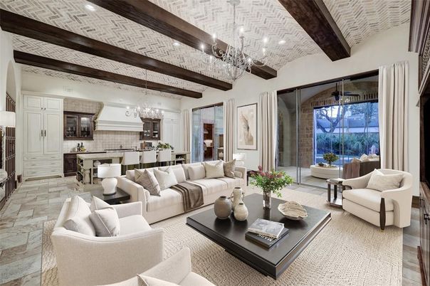 Chandelier, Interior, Kitchen, Living room, Pendant Lights, Recessed Lighting, Wooden Beams