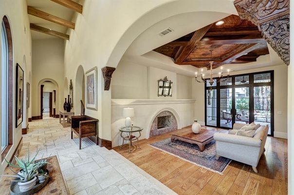 Fireplace, Interior, Living room, Pendant Lights, Recessed Lighting, Wooden Beams, Wooden Ceilings, Wood Texture Flooring