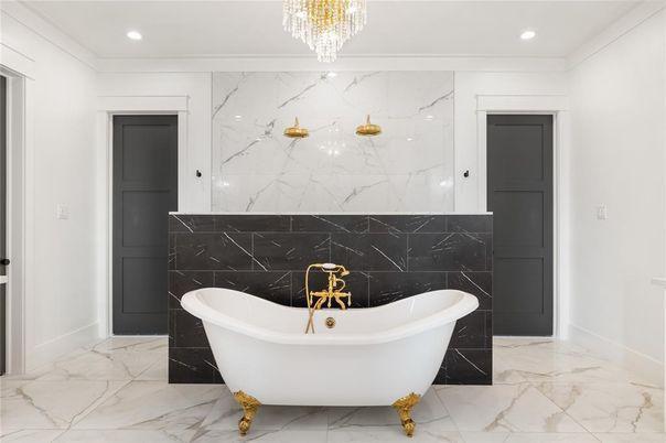 Bathroom, Free Standing Baths, Interior, Marble, Marble Walls, Recessed Lighting