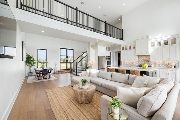 Dining room, Interior, Kitchen, Living room, Recessed Lighting, Stainless Steel Appliances, Wood Texture Flooring