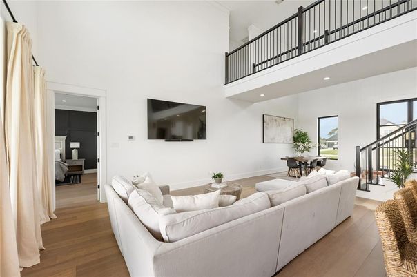 Bedroom, Dining room, Interior, Living room, Recessed Lighting, Wood Texture Flooring