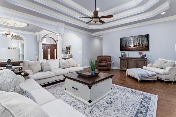 Chandelier, Interior, Living room, Recessed Lighting, Wood Texture Flooring