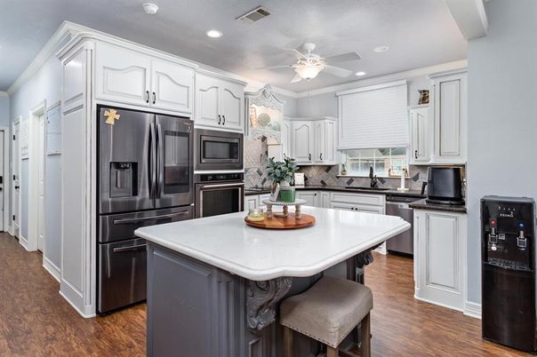Interior, Kitchen, Recessed Lighting, Stainless Steel Appliances, Wood Texture Flooring