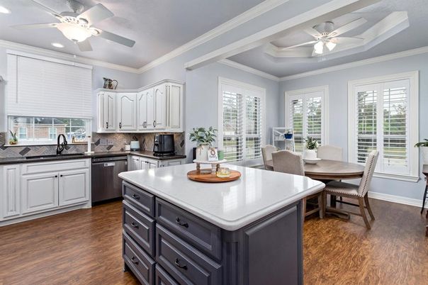 Dining room, Interior, Kitchen, Recessed Lighting, Wood Texture Flooring