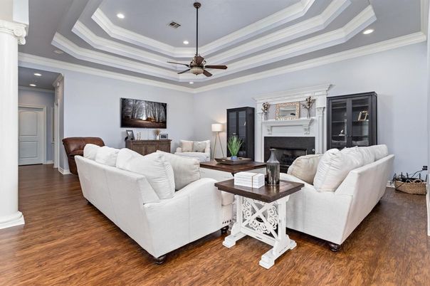 Fireplace, Interior, Living room, Recessed Lighting, Wood Texture Flooring