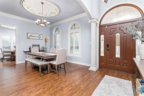 Chandelier, Dining room, Interior, Wood Texture Flooring