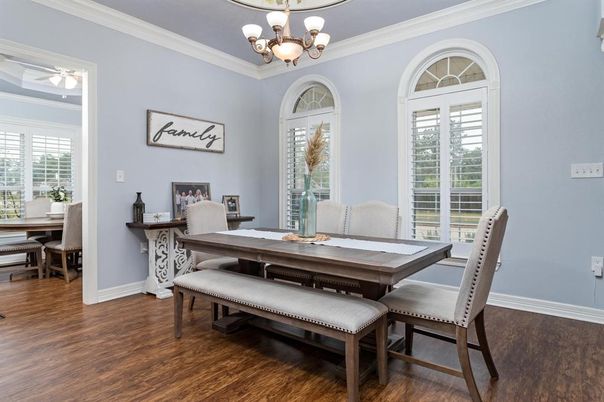 Chandelier, Dining room, Interior, Wood Texture Flooring
