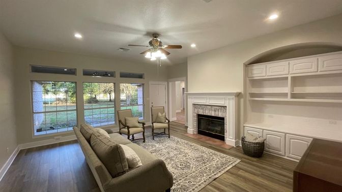 Fireplace, Interior, Living room, Recessed Lighting, Wood Texture Flooring