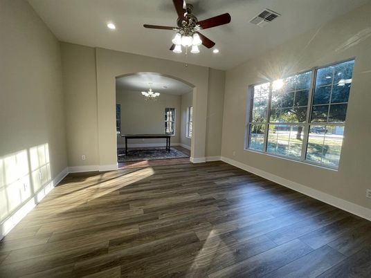 Chandelier, Empty room, Interior, Recessed Lighting, Wood Texture Flooring