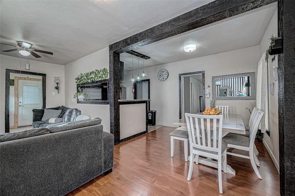 Dining room, Interior, Living room, Pendant Lights, Wood Texture Flooring