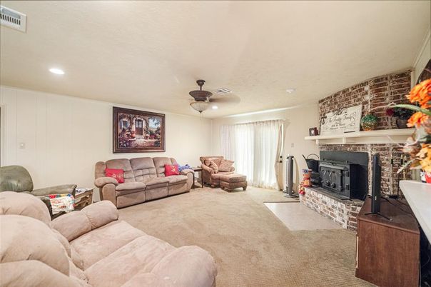 Fireplace, Interior, Living room, Recessed Lighting, Stone Walls