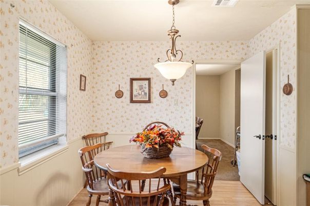 Dining room, Interior, Pendant Lights, Wood Texture Flooring